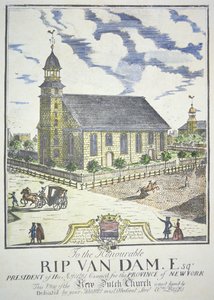 A Nova Igreja Reformada Holandesa, construída na esquina das ruas Nassau e Liberty, Nova Iorque, em 1731 (gravura colorida) de American School