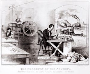 O progresso do século: A imprensa do vapor do relâmpago, o telégrafo elétrico, a locomotiva e o barco a vapor, bar. por Currier & Ives, 1876 de American School