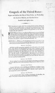 A Declaração de Direitos dos Estados Unidos, concluída em 1789 (impressão) de American School