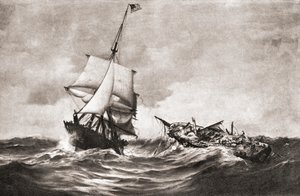 A captura do HMS Frolic pelo navio de guerra USS Wasp, uma ação naval travada no Atlântico em 18 de outubro de 1812, durante a Guerra de 1812, de "The History of Our Country", publicado em 1905 (litografia) de American School