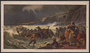 A partida, lançamento do barco salva-vidas, c.1878 (cromolitografia) de American School