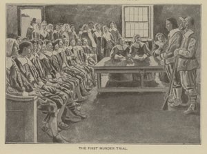 O primeiro julgamento por homicídio em Nova Inglaterra (litografia) de American School