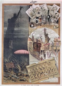 O futuro da estátua da liberdade. caricatura da revista Judge na época de sua construção em 1886 de American School