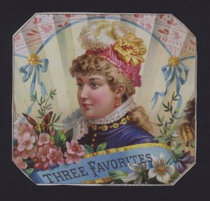 Três Favoritos, etiqueta de charuto (cromolito) de American School