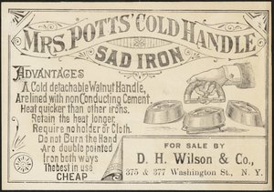 Cartão comercial para Mrs. Potts "Cold Handle Sad Iron, c.1870-1900 de American School