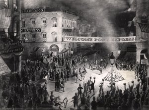 Chegada Triunfante do Primeiro Mensageiro Pony Express em Sacramento, 13 de abril de 1860 (wc no papel) de American School