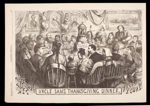 Tio Sams Jantar de Ação de Graças gravado por Thomas Nast, Harpers Weekly, 20 de novembro de American School