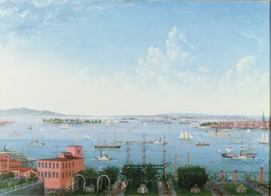 Vista do porto de Nova York de Brooklyn Heights, c.1860 (óleo sobre linho) de American School