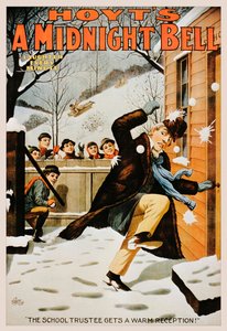 Pôster vintage de meninos jogando bolas de neve em um homem, 1890-99 de American School