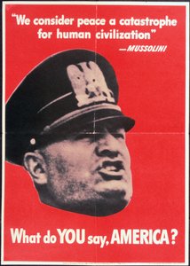 "O que você diz AMÉRICA?", cartaz da 2ª Guerra Mundial dos EUA com rosto de Mussolini, Anon, c.1942 de American School