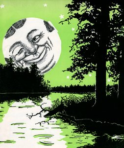 O "Homem na Lua" a piscar de olhos e a erguer-se sobre uma paisagem fluvial de American School