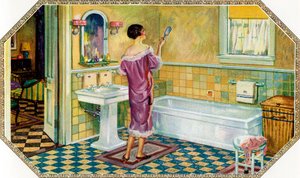 Mulher de pé em uma casa de banho Art Deco de American School