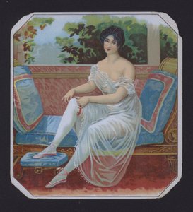 Mulher com uma etiqueta de negligência, rótulo de charuto (chromolitho) de American School