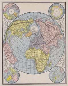 Mapa mundial mostrando os continentes, regiões polares e mudanças no nível do mar (gravura colorida) de American School