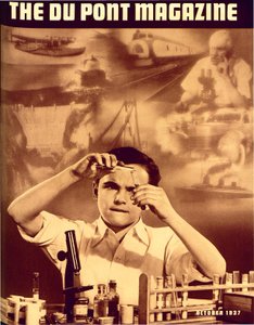Jovem rapaz com conjunto de química, capa da revista DuPont, de outubro de 1937 de American School