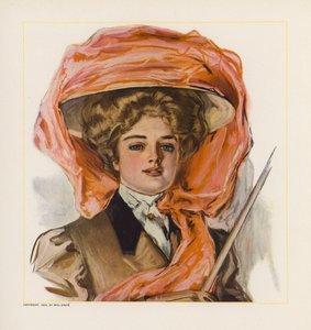 Mulher jovem com um chapéu com uma decoração de organza cor de laranja (litografia a cores) de American School