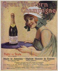 Mulher jovem com uma garrafa de champanhe, anúncio da Great Western Champagne (litografia a cores) de American School