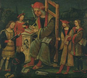 St Cassian em sua cadeira, cercado por seus alunos