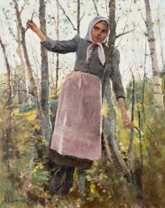 primavera; Rapariga num bosque de bétulas