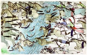 Cavalaria americana recuando através de um rio perseguido por guerreiros nativos americanos, c1900 de Amos Bad Heart Buffalo