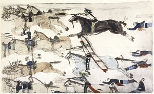 Batalha de Little Big Horn 25-26 de junho de 1876. Retirada do 7º Batalhão de Cavalaria dos EUA sob o comando do Major Marcus Reno. Pintura de Amos Bad Heart Buffalo (Sioux), c. 1900 de Amos Bad Heart Buffalo