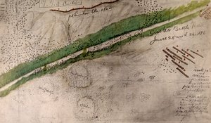 Carta topográfica do campo de batalha do Little Big Horn (carvão e tinta sobre papel)
