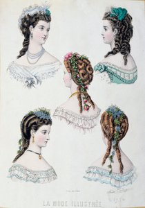 Cinco penteados de mulheres Placa tirada de "La mode illustree" por Anais Coutwelve