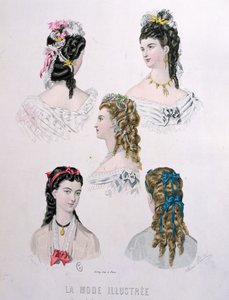 Penteados com fitas, ilustração de &39;La Mode Illustree&39;, 1872 (gravura a cores)