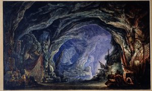 Decoração preparatória para o balé Le Corsaire de Adolphe Adam (1803-1856) (cenário para o Ballet Corsair de A.Adam). A gruta dos corsários, acessível por mar, onde empilham os seus despojos e prémios de todo o tipo (panos, pratos, armas). Oh de Anatoli Fedorovich Geltser