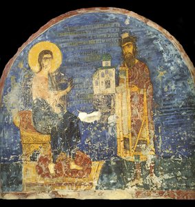 Grão-príncipe Yaroslav II Vsevolodovich com modelo da Igreja de Nereditsa antes de Cristo, século XII