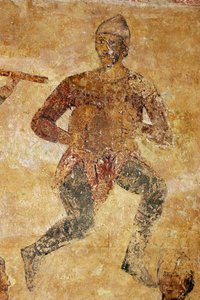 Detalhe de músicos e acrobatas de Ancient Russian frescos