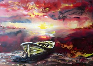 Barco a remos ao pôr-do-sol vibrante de Anda Bieza