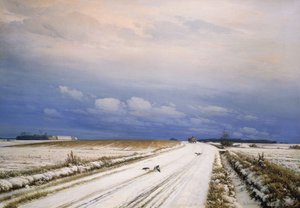Paisagem de inverno com cavalo e carroça