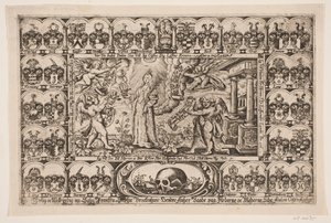 Sophie Brockenhuus e quatro gênios, cercados por escudos. Do sermão fúnebre de Anders Ottesen