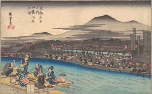 Refrescando-se à noite em Shijogawara, ca. 1834., c. 1834. de Ando Hiroshige