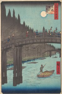 Lua cheia sobre o canal, com ponte e enormes pilhas de bambu ao longo da margem, ca. 1857., c. 1857. de Ando Hiroshige