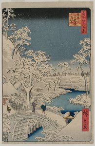 Imagem do crepúsculo na ponte do tambor em Meguro ..., 1857.