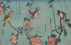 Chapim e camélias à direita, pardal e rosas silvestres ao centro, e oriolinha-de-napo-preto..., ca. 1833. de Ando Hiroshige