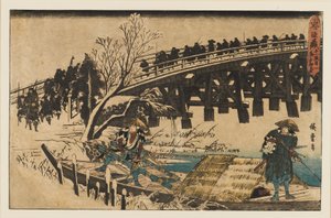 Gravura em xilogravura - Dois homens num barco debaixo de uma ponte, 1797-1858 de Ando Hiroshige