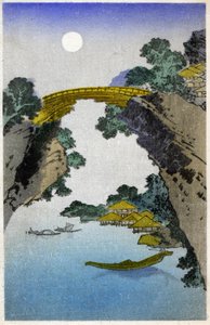 Geografia. Japão. Ponte. Xilogravura de Hiroshige em: Cinquenta e três estações do Tokaido (1833-1834). Postal, Japão, c.1900 (postal)
