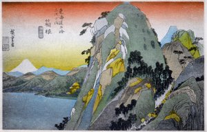Geografia. Japão. Lago Hakone (10ª estação). Gravura de Hiroshige em: Fifty Three Stations of the Tokaido (1833-1834). Postal, Japão, c.1900 (postal)