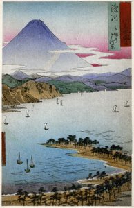 Geografia. Japão. Monte Fuji. Xilogravura de Hiroshige em: Cinquenta e três estações do Tokaido (1833-1834). Postal, Japão, c.1900 (postal)