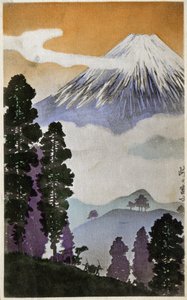 Geografia. Japão. Monte Fuji. Xilogravura de Hiroshige em: Cinquenta e três estações do Tokaido (1833-1834). Postal, Japão, c.1900. Xilogravura de Hiroshige em: Cinquenta e três estações do Tokaido (1833-1834). Postal, Japão, c.1900 (postal)
