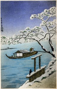 Geografia. Japão. Rio no inverno. Xilogravura de Hiroshige em: Cinquenta e três estações do Tokaido (1833-1834). Postal, Japão, c.1900 (postal)