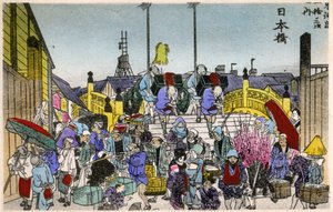 Geografia. Japão. O brilho da manhã em Nihonbashi (1ª estação). Xilogravura de Hiroshige em: Fifty Three Stations of the Tokaido (1833-1834). Postal, Japão, c.1900 (postal)
