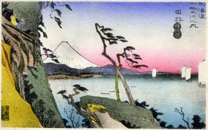 Geografia. Japão. Yui, vista do Fuji, coberto de neve, a partir de Satta-toge, com vista para a Baía de Saruga. (17ª estação). Xilogravura de Hiroshige em: Fifty Three Stations of the Tokaido (1833-1834). Postal, Japão, c.1900 (postal)