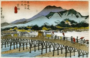 Geografia. O brilho matinal na estação Nihonbashi (55ª). Xilogravura de Hiroshige em: Fifty Three Stations of the Tokaido (1833-1834). Postal, Japão, c.1900 (postal)