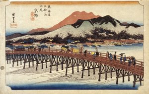 (Figuras da ponte de travessia) de Ando or Utagawa Hiroshige