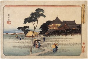 (Grande Edifício W/Huts Below) de Ando or Utagawa Hiroshige