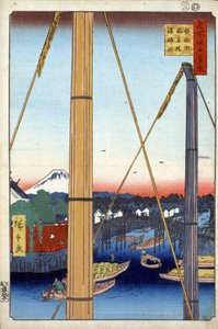 ""Cem vistas famosas de Edo""(Tóquio de hoje): Ponte Inari e Templo Minato em Teppozu. Vista da cidade de Tóquio no Japão com o Monte Fuji ao fundo. (O Santuário do Porto e a Ponte Inari em Teppozu (Cem Vistas Famosas de Edo). Japão print de Ando or Utagawa Hiroshige